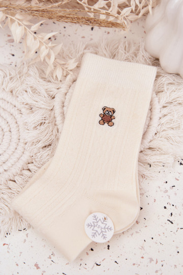 Warm Women's Socks With Wool Bear Ecru