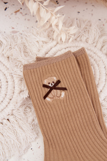 Cotton Socks Striped With Bear Light Brown