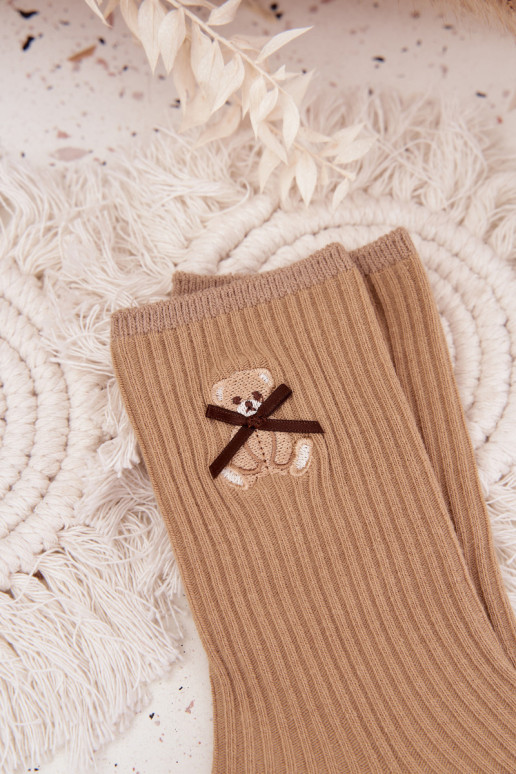 Cotton Socks Striped With Bear Light Brown