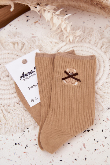 Cotton Socks Striped With Bear Light Brown 2