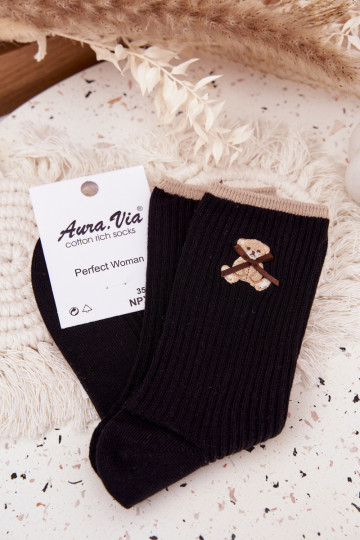 Cotton Socks Striped With Bear Black 2