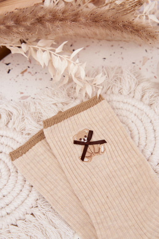 Bawełniane Skarpetki W PrążkiwithMisiem Beżowe