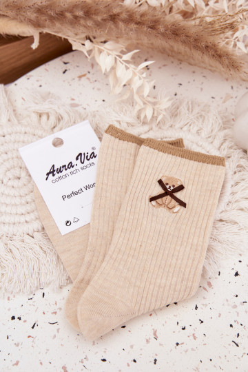 Cotton Socks Striped With Bear Beige 2