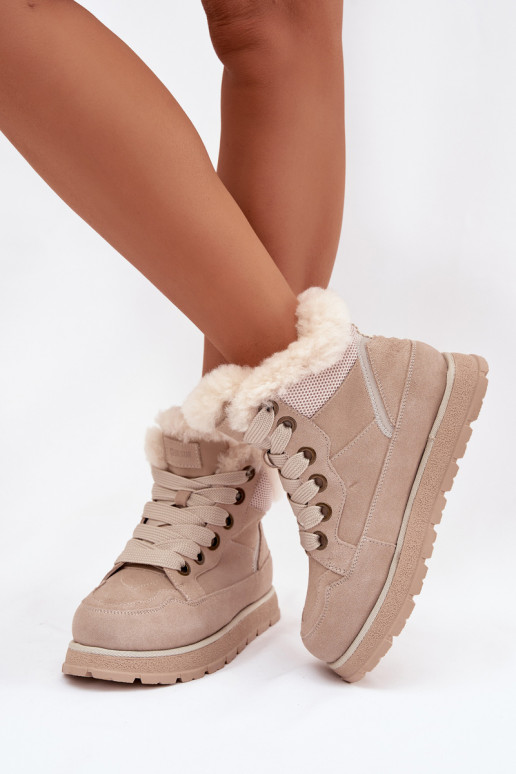 Suede Snow Boots Women's Platform Sneakers with Fur Big Star SS274371 Beige