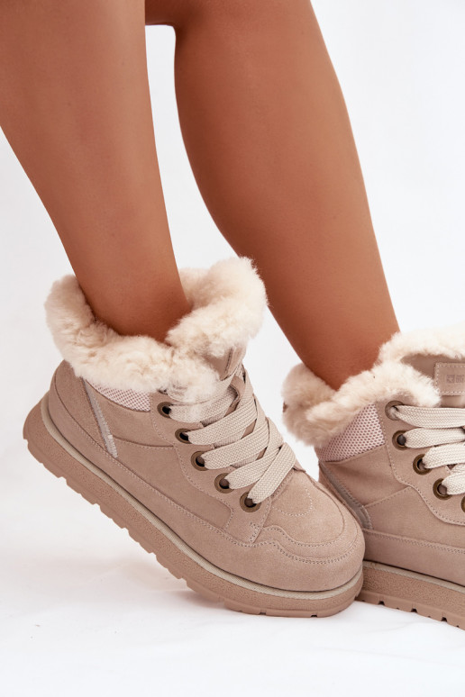 Suede Snow Boots Women's Platform Sneakers with Fur Big Star SS274371 Beige