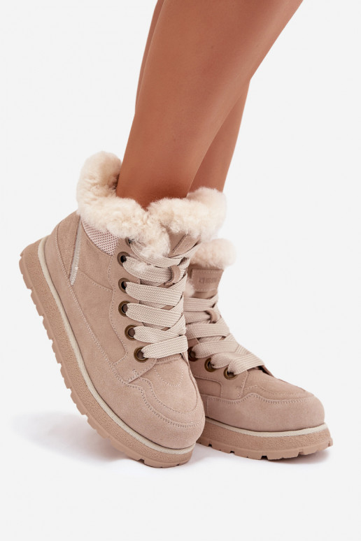 Suede Snow Boots Women's Platform Sneakers with Fur Big Star SS274371 Beige