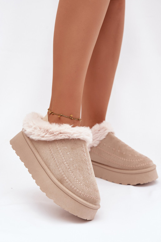 Śniegowce Damskie Na PlatformiewithFuterkiem I Przeszyciami Jasnobeżowe Arelina