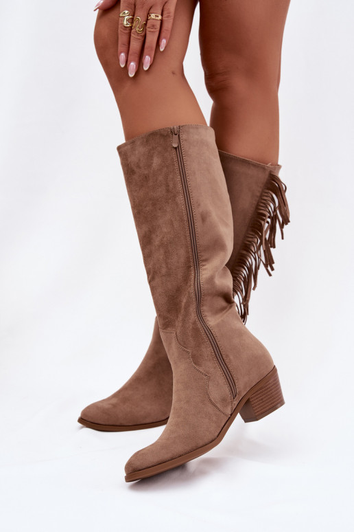 Women's cowboy boots with heels with fringes lined khaki Firlina