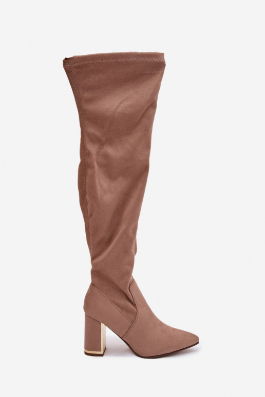 Women's Eco Suede Over Knee Boots on Heel Dark Beige Thamine