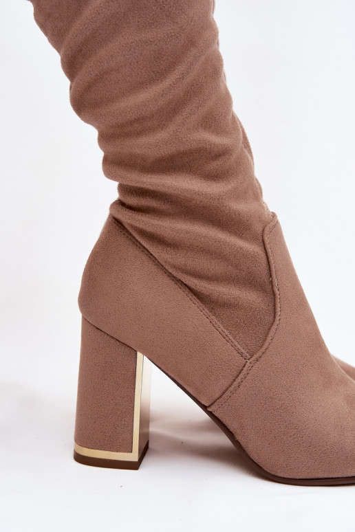 Women's Eco Suede Over Knee Boots on Heel Dark Beige Thamine