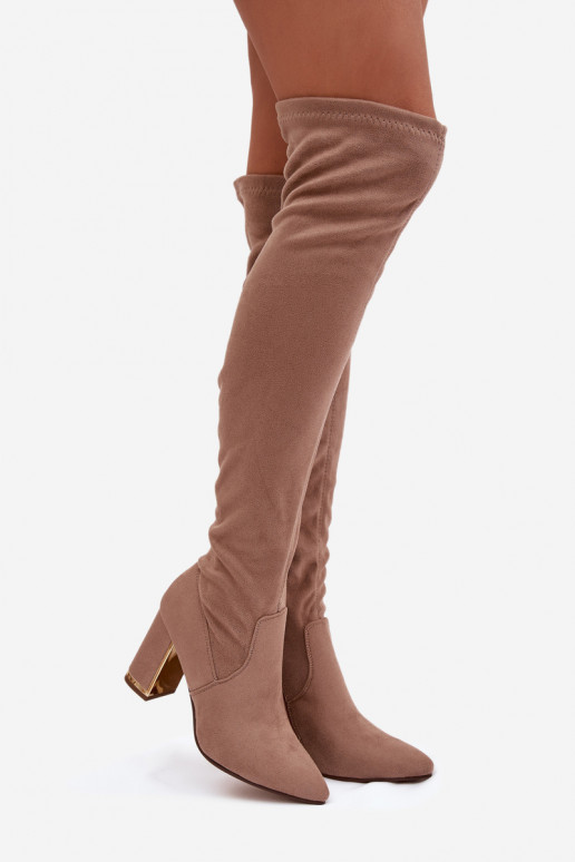 Women's Eco Suede Over Knee Boots on Heel Dark Beige Thamine