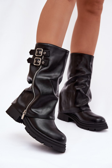 Women's Boots with Turned Shaft Lined with Buckles Black Salarie