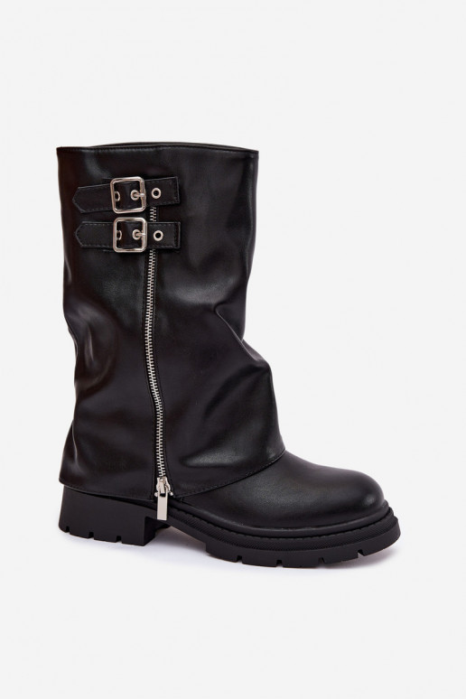 Women's Boots with Turned Shaft Lined with Buckles Black Salarie