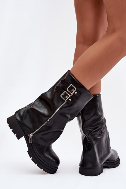 Women's Boots with Turned Shaft Lined with Buckles Black Salarie