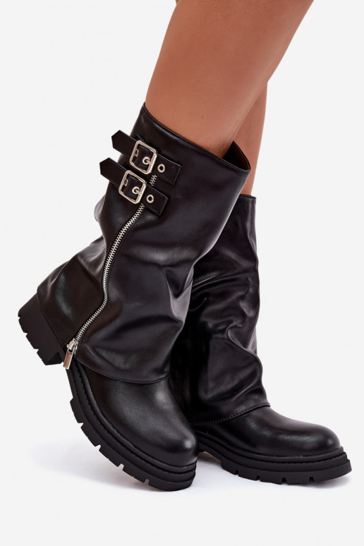 Women's Boots with Turned Shaft Lined with Buckles Black Salarie