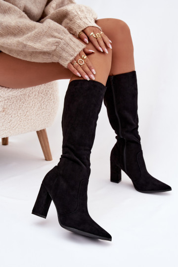 Women's Heeled Boots Made of Eco Suede Lined Black Narille