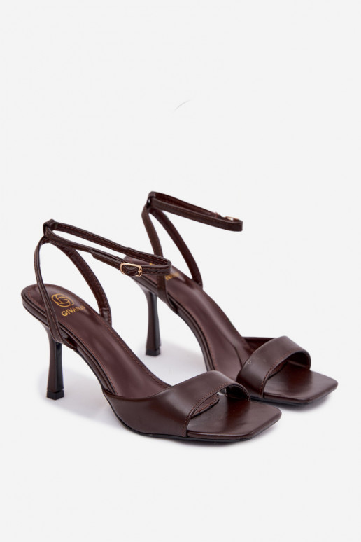 Sandały Damskie Na Szpilce Eko Skórzane Czekoladowe Brisora