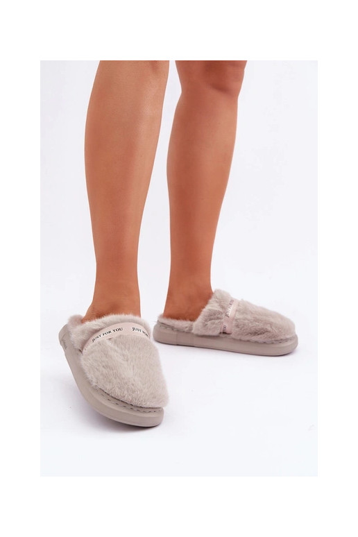 Furry Slippers With Decorative Strap Gray Savalithea