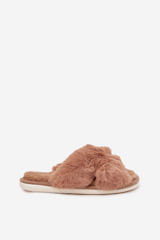Furry Women's Slippers With Intertwined Straps Camel Quenelle