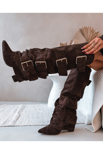 Women's High Heel Boots with Turned Top and Gold Clamps Eco Suede Chocolate Isavelle