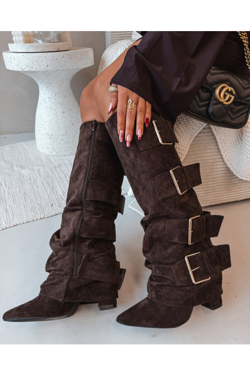 Women's High Heel Boots with Turned Top and Gold Clamps Eco Suede Chocolate Isavelle
