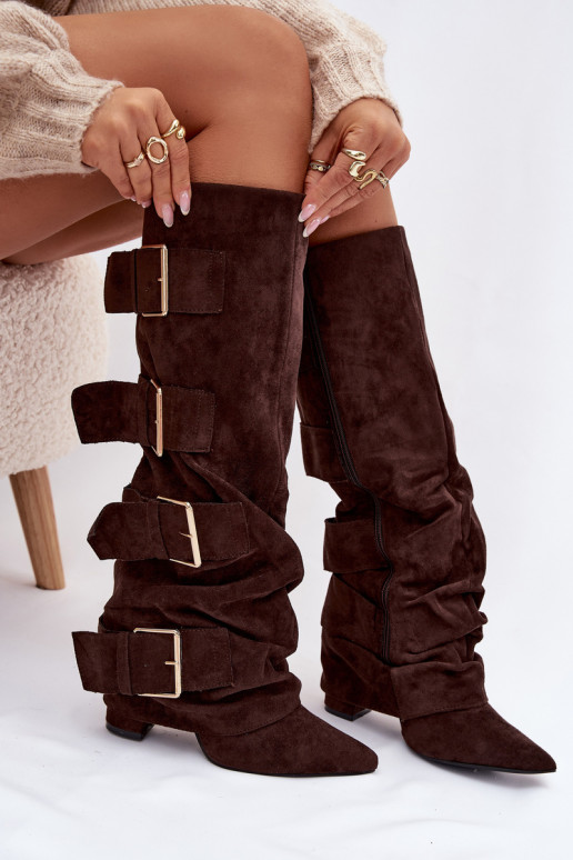 Women's High Heel Boots with Turned Top and Gold Clamps Eco Suede Chocolate Isavelle