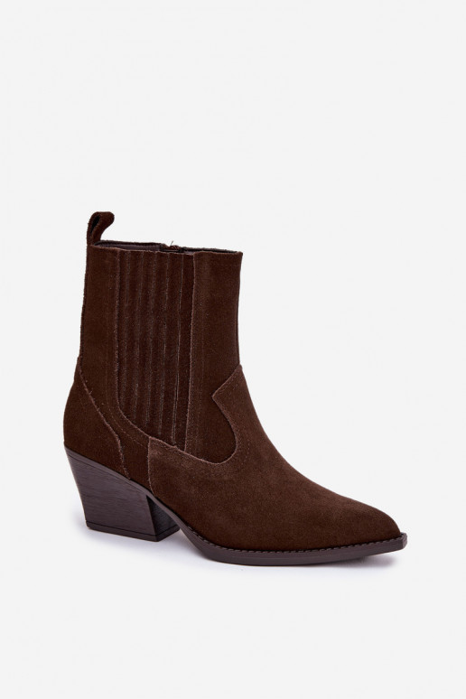 Zamszowe Botki Kowbojki Damskie Na Słupku Ocieplane Czekoladowe Dylira