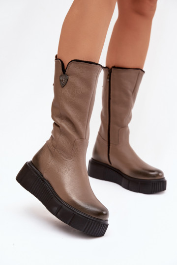 Zazoo 70121 Leather Women's Boots With Wool Dark Beige