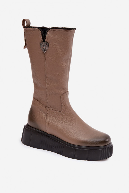 Zazoo 70121 Leather Women's Boots With Wool Dark Beige