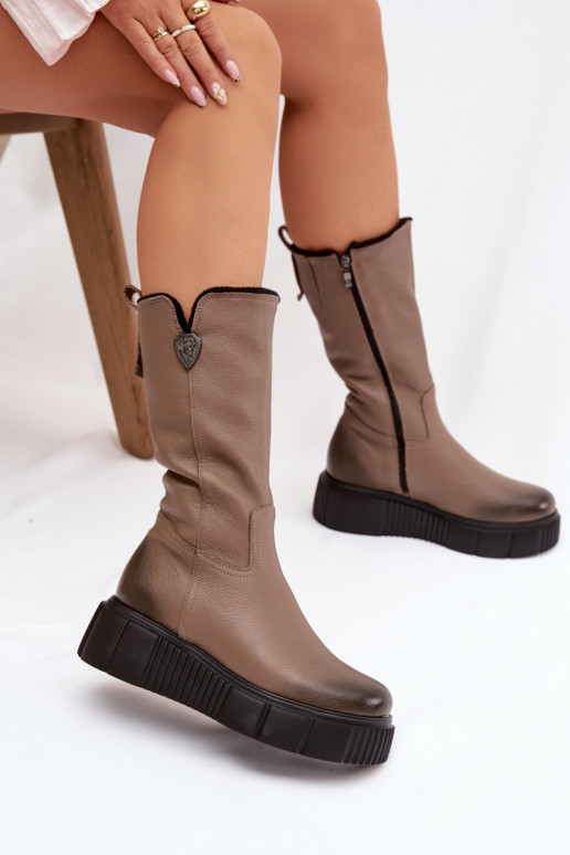 Zazoo 70121 Leather Women's Boots With Wool Dark Beige