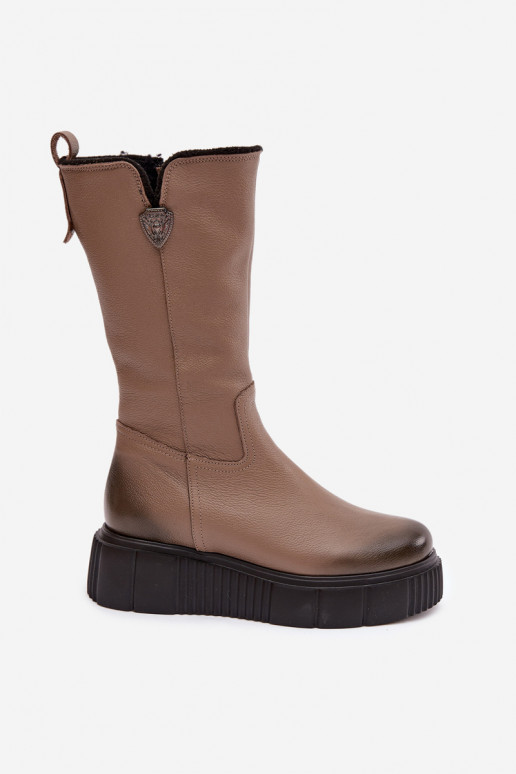 Zazoo 70121 Skórzane Damskie KozakiwithWełną Ciemnobeżowe