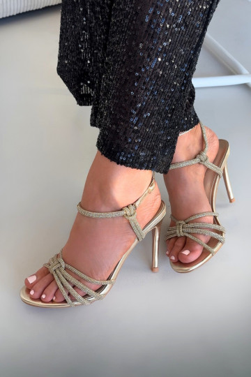 Women's High Heel Sandals with Straps and Rhinestones Gold Tanelle