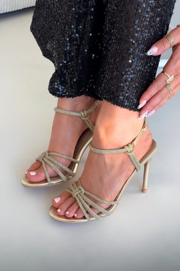 Women's High Heel Sandals with Straps and Rhinestones Gold Tanelle 2
