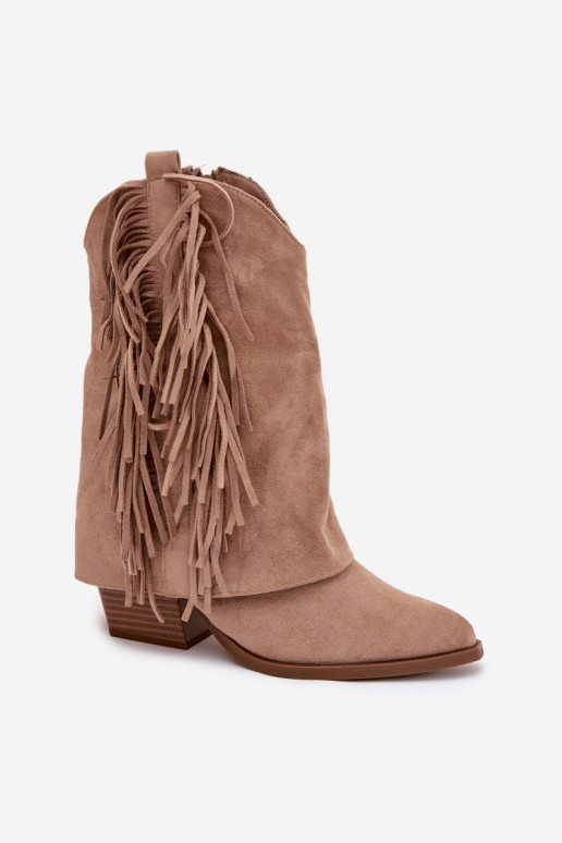 Women's cowboy ankle boots with fringes on a heel Khaki Gralina