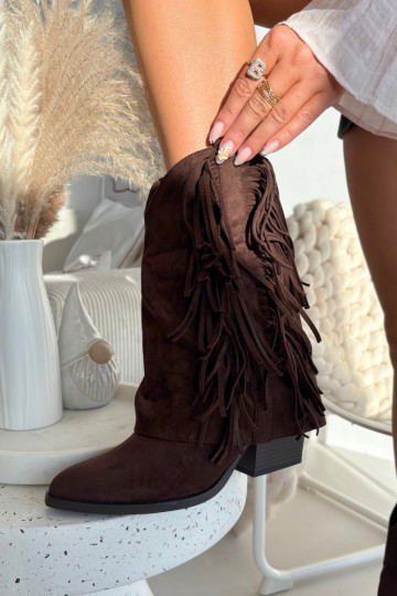 Women's Cowboy Boots With Fringes On Heel Chocolate Gralina