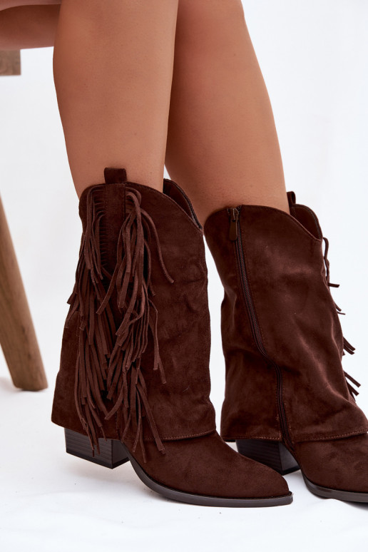 Women's Cowboy Boots With Fringes On Heel Chocolate Gralina