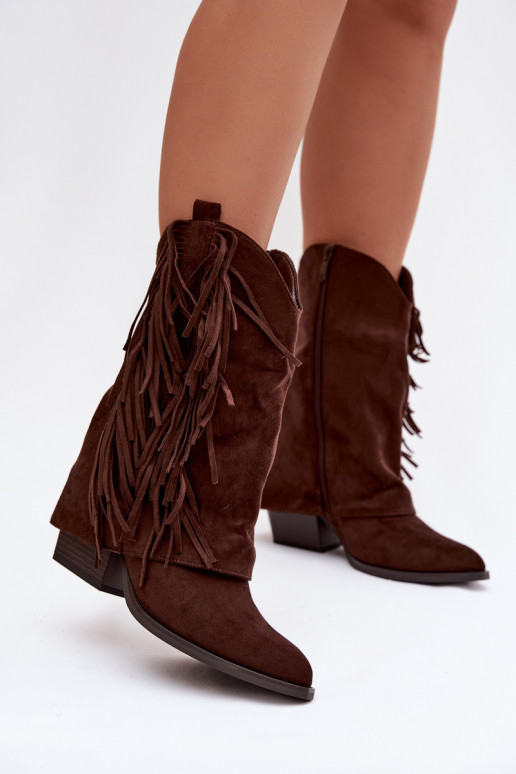 Women's Cowboy Boots With Fringes On Heel Chocolate Gralina