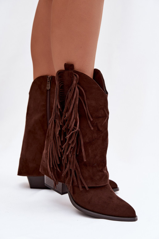 Women's Cowboy Boots With Fringes On Heel Chocolate Gralina