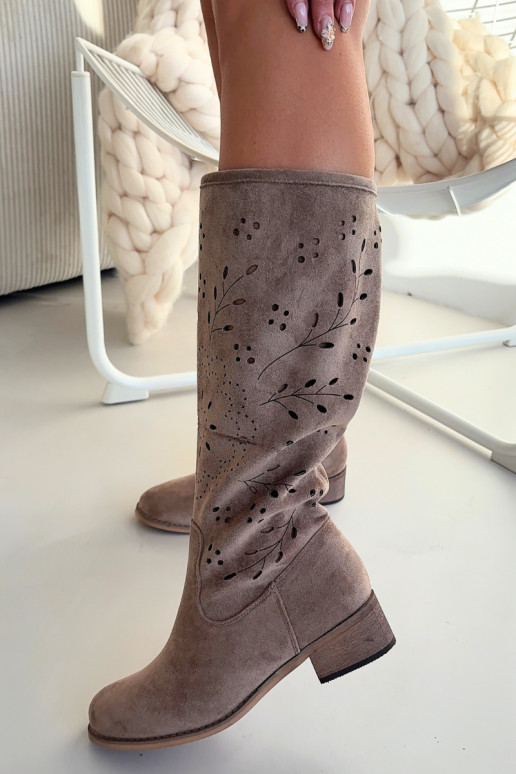 Openwork Women's Boots on Block Heel Khaki Helinna