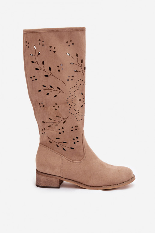 Openwork Women's Boots on Block Heel Khaki Helinna