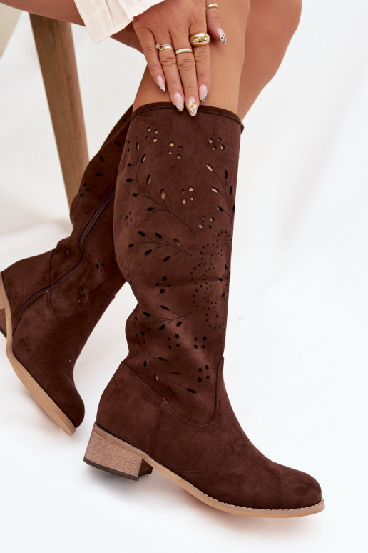 Openwork Women's Boots on Block Heel Chocolate Helinna
