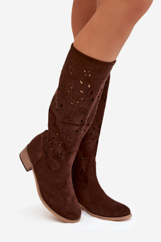 Openwork Women's Boots on Block Heel Chocolate Helinna