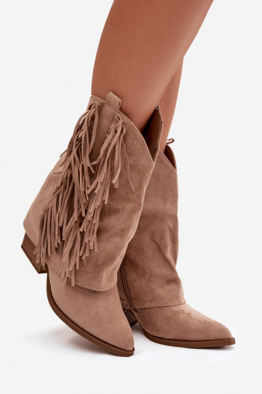 Women's cowboy ankle boots with fringes on a heel Khaki Gralina