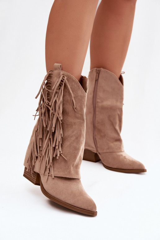 Women's cowboy ankle boots with fringes on a heel Khaki Gralina