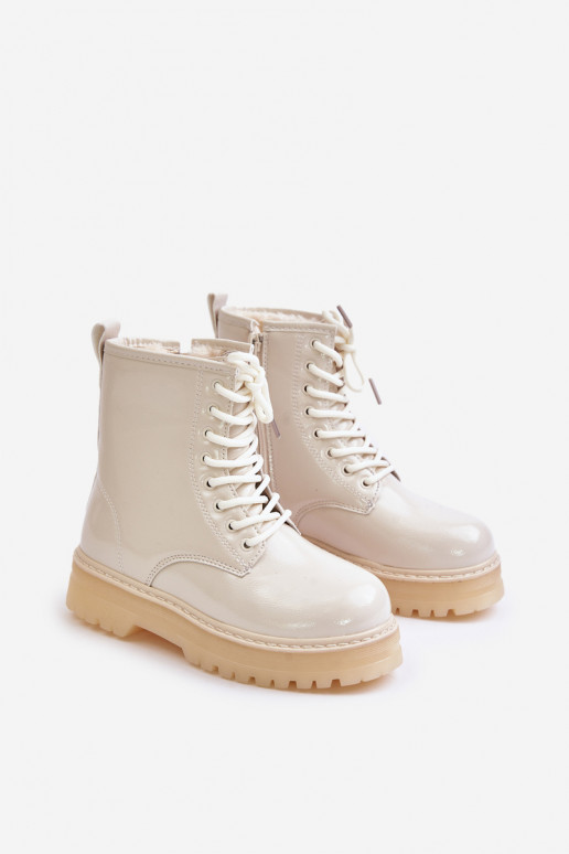 Warm Girls Patent Boots With Zipper Beige Novita