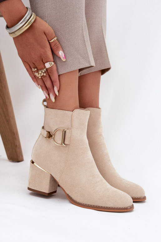 Insulated women's ankle boots with heel with gold elements light beige Ambrine