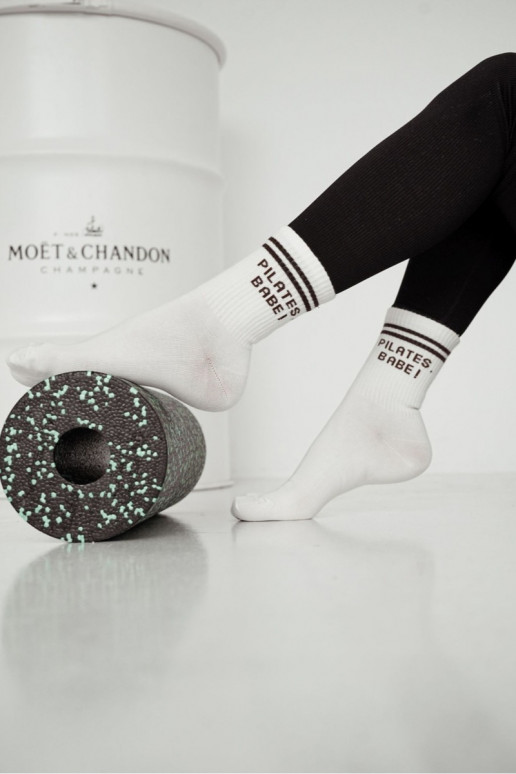 Women's Socks With Brown Writing PILATES BABE Ecru