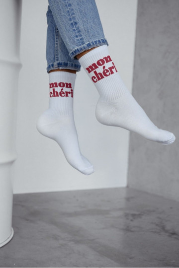 Women's Socks Mon Ch ri Cotton White With Burgundy Text