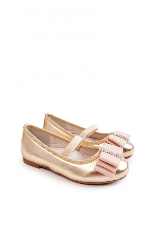 Leather Children's Ballerinas With A Decorative Bow Gold Claril
