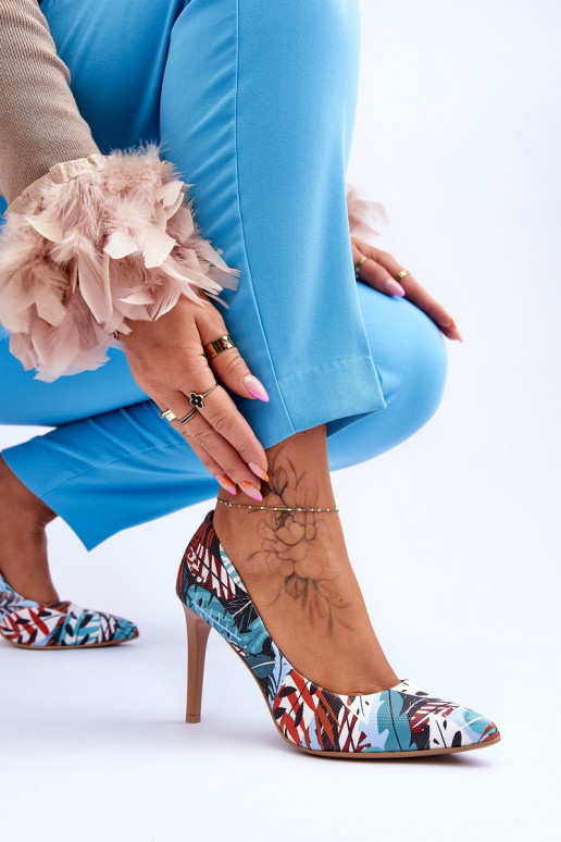 Fashionable Leather High Heels Lewski Shoes 2659 Green-Blue